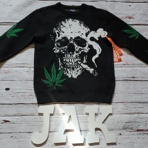 🆕️ RGSTR MEN'S BLACK SKULL MARIJUANA CREWNECK SWEATER